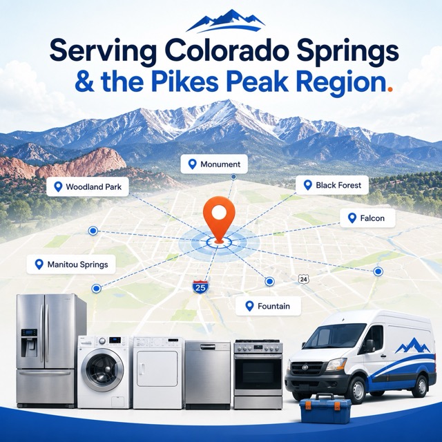 Reliable Appliance Repair service area graphic showing Colorado Springs and the Pikes Peak region with appliance repair service for refrigerators, washers, dryers, dishwashers, ovens, freezers, and nearby communities including Monument, Fountain, Manitou Springs, Black Forest, Falcon, and Woodland Park.<br />
